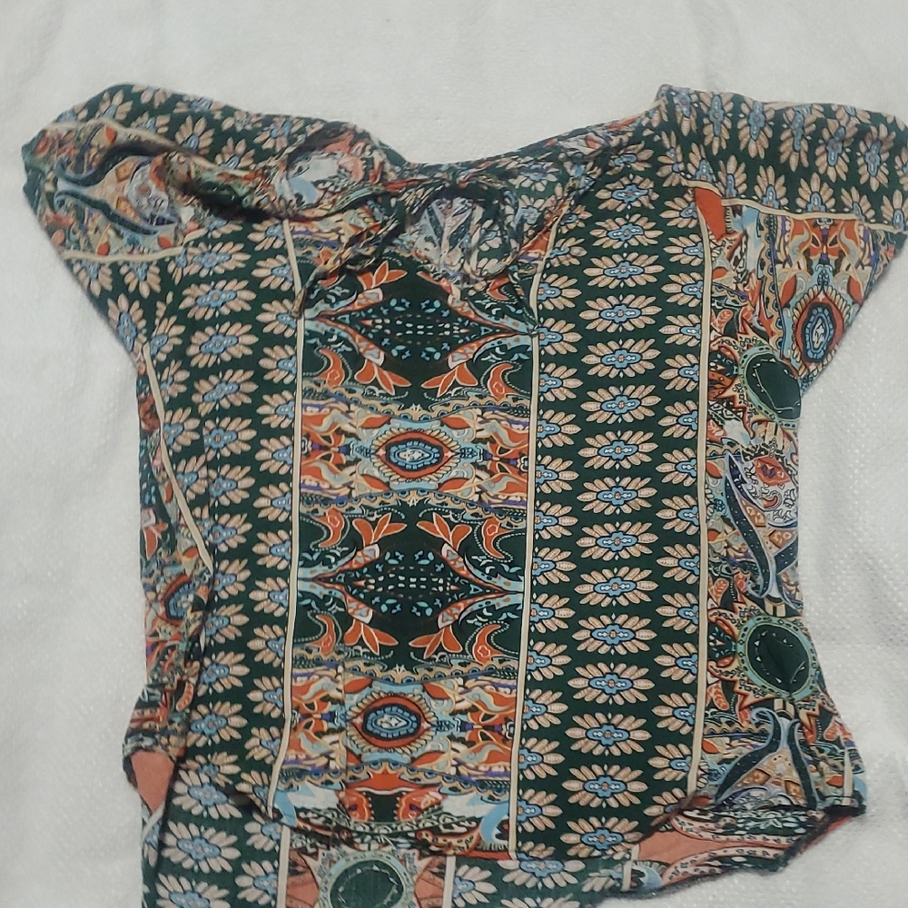 SHEIN Green Multicolor Paisley Floral Short Sleeve Blouse